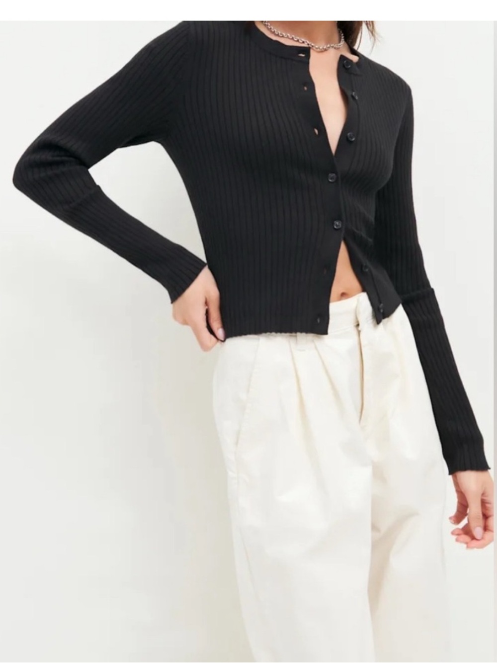 Joann Reformation organic cotton Black Ribbed Crew Cardigan Sweater Size S